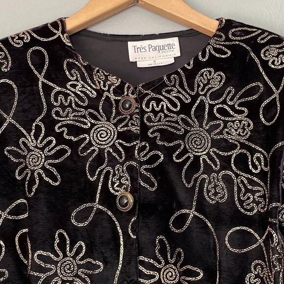 Vintage Size Medium Petite Soutache Gold Black Velvet Jacket Victorian Regency - Picture 4 of 12